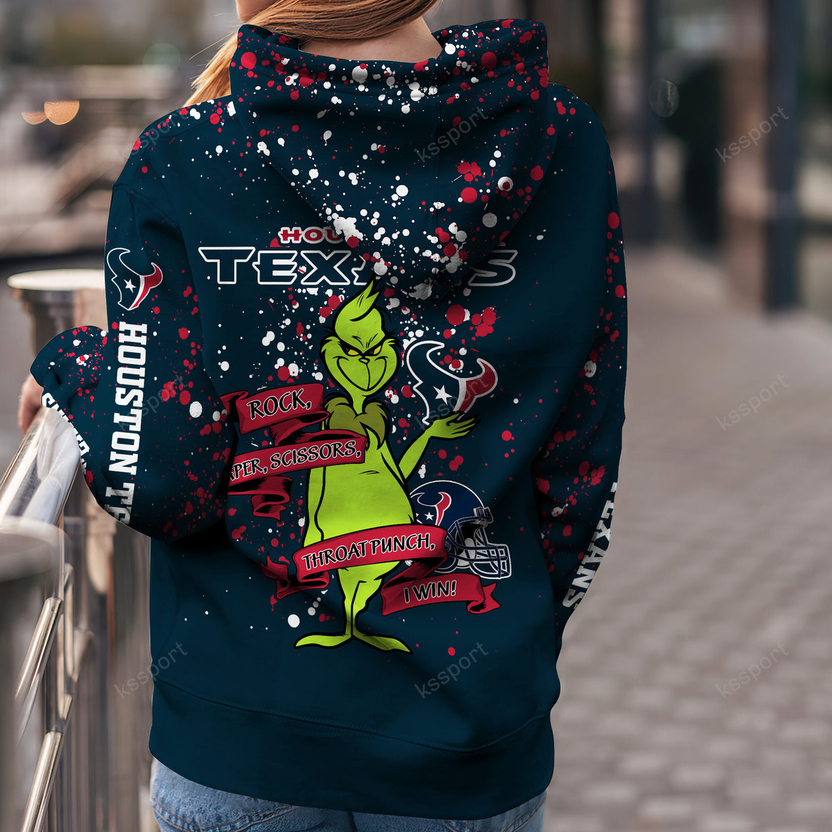 Custom NFL Houston Texans Hoodie Leggings The Grinch Hoodie Rock Paper Scissors Throat Punch I Win