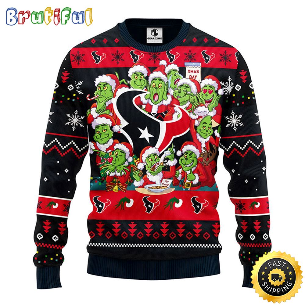 Houston Texans Christmas Ugly Sweater Print 12 Grinch Xmas Day Show Your Team Spirit
