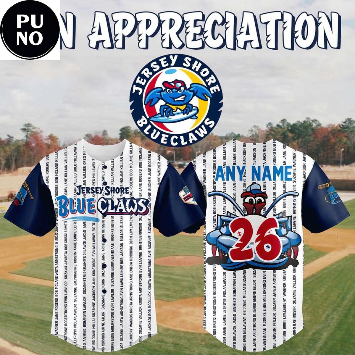 Jersey Shore BlueClaws x Fan Appreciation 2026 Personalized Baseball Jersey