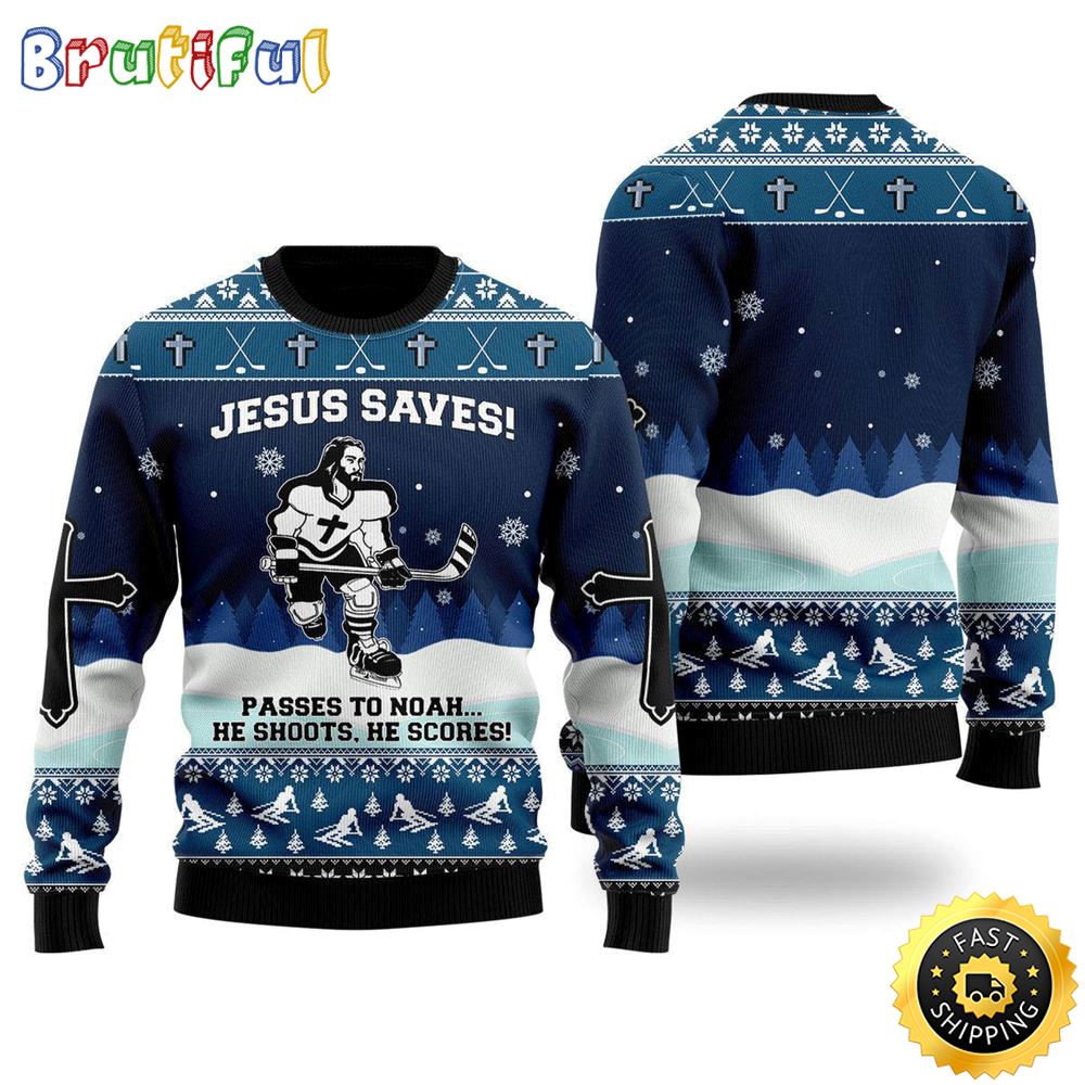 Jesus Saves Hockey Ugly Christmas Sweater Gifts For Christian Families