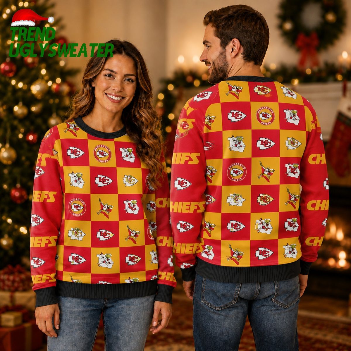 Kansas City Chiefs Logo Checkered Flannel Ugly Christmas Sweater