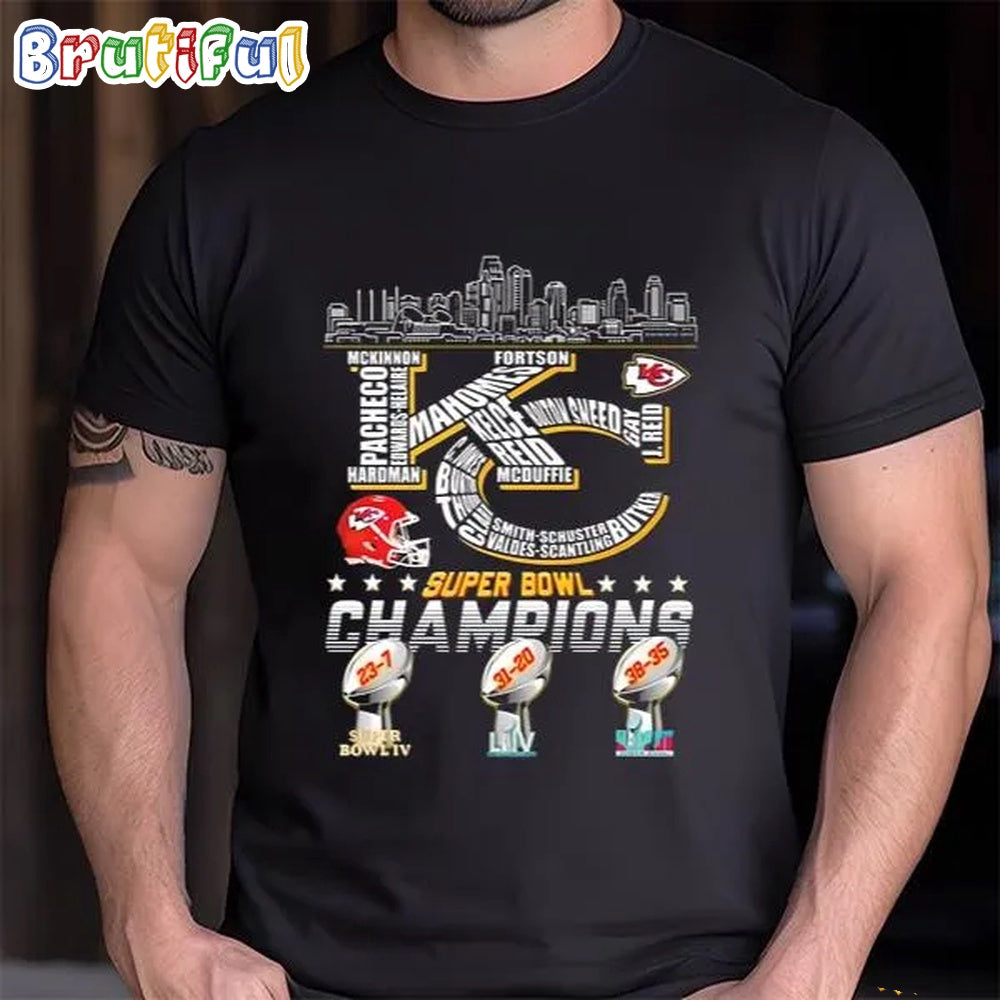 Kansas City Chiefs Skyline Player Names 3x Super Bowl Champions T-Shirt
