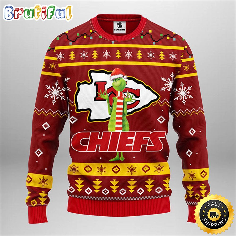 Kansas City Chiefs Christmas Ugly Sweater Print Funny Grinch Show Your Team Spirit