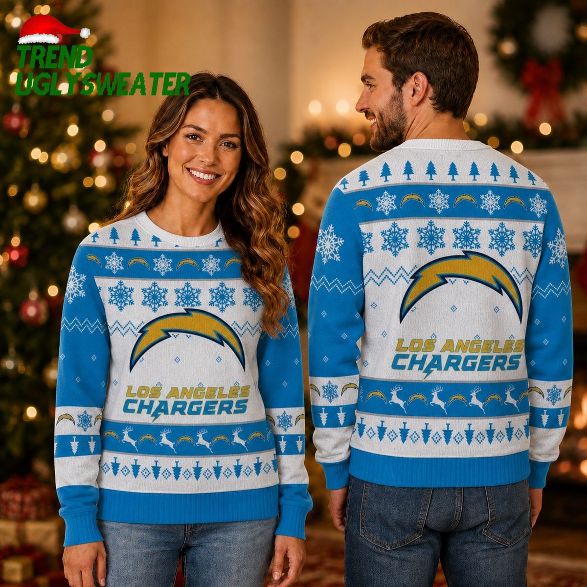 Los Angeles Chargers Bolt Logo Winter Reindeer Ugly Christmas Sweater