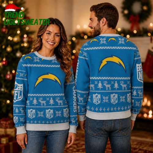 Los Angeles Chargers Logo Reindeer and Snowflake Ugly Christmas Sweater
