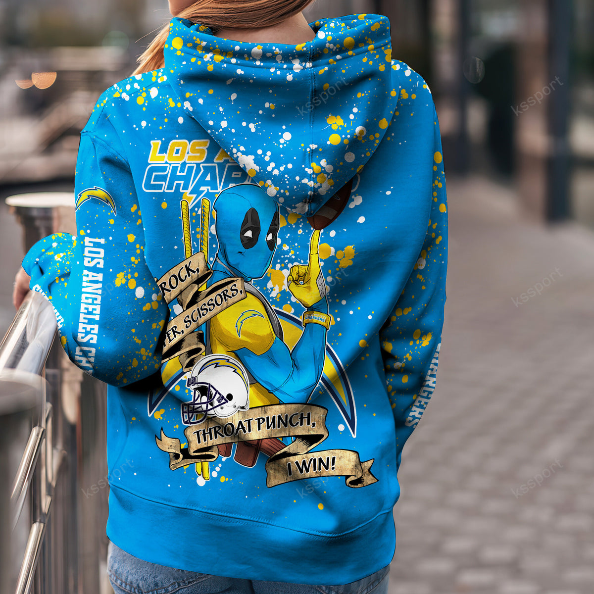 Custom NFL Los Angeles Chargers Hoodie Leggings Rock Paper Scissors Throat Punch I Win Hoodie