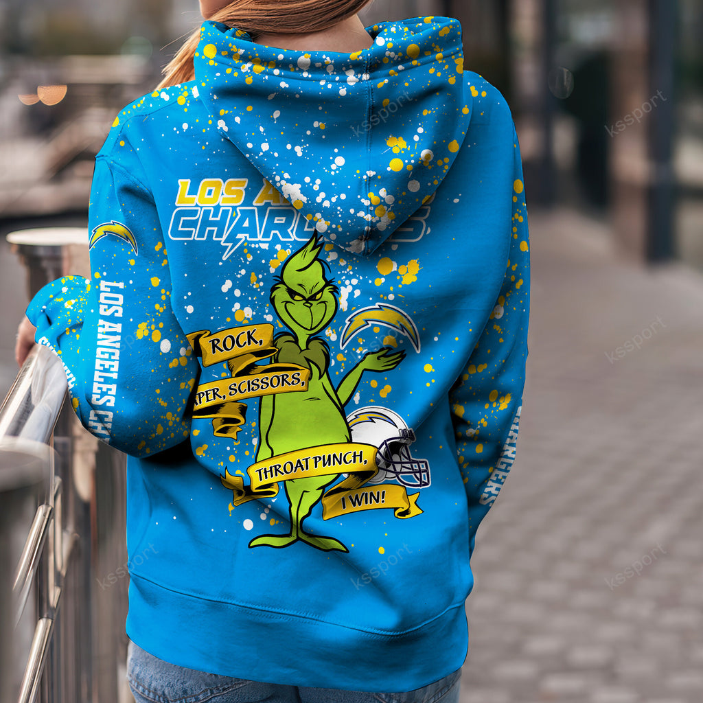 Custom NFL Los Angeles Chargers Hoodie Leggings The Grinch Hoodie Rock Paper Scissors Throat Punch I Win