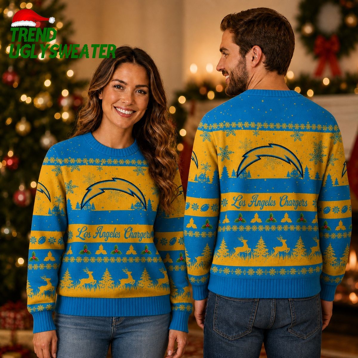Los Angeles Chargers Reindeer and Christmas Tree Ugly Christmas Sweater