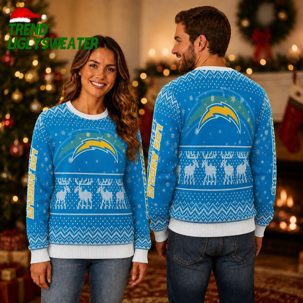 Los Angeles Chargers Snowy Reindeer Ugly Christmas Sweater