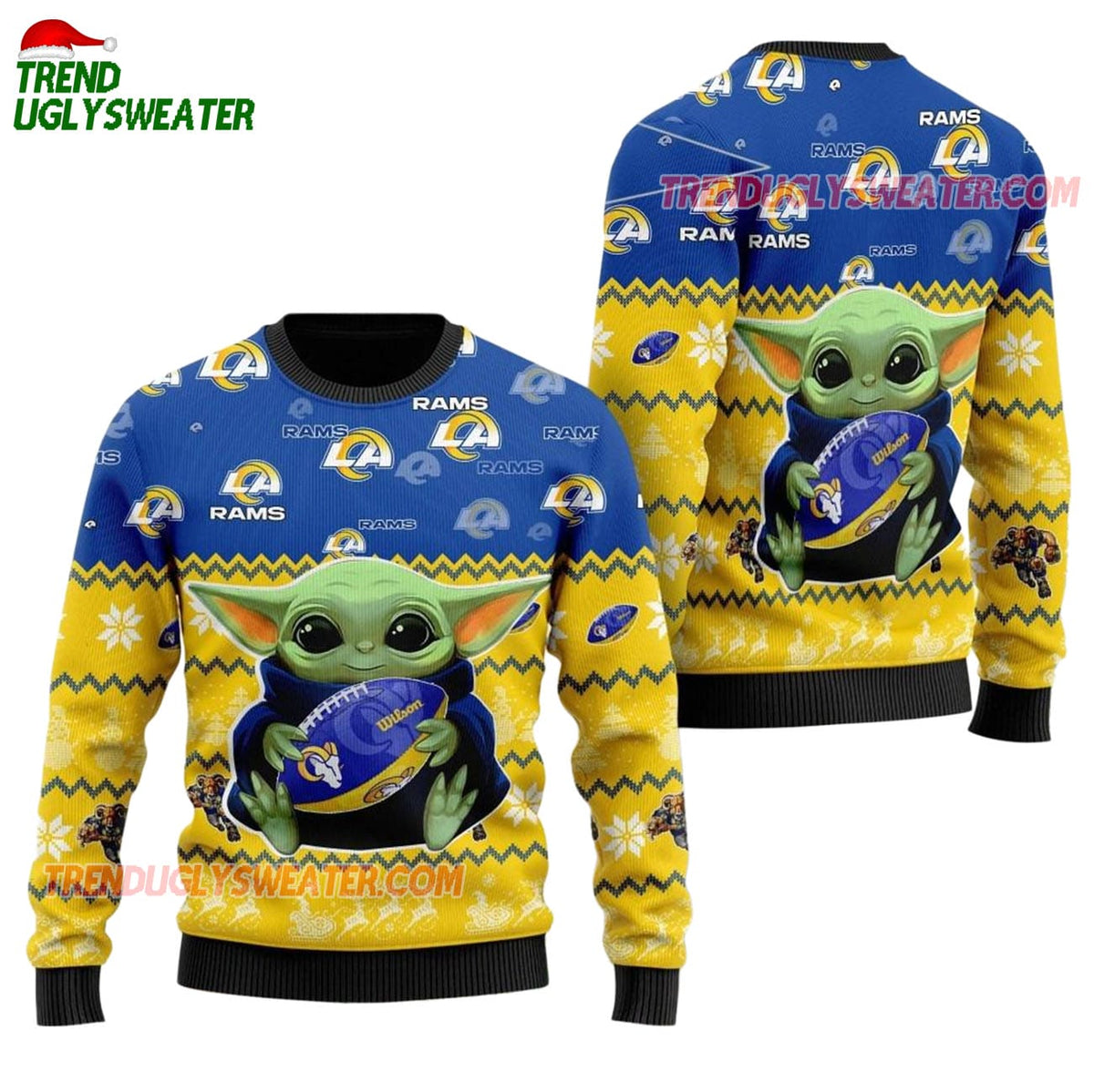 Los Angeles Rams Baby Yoda Hug The Ball Christmas Ugly Sweater