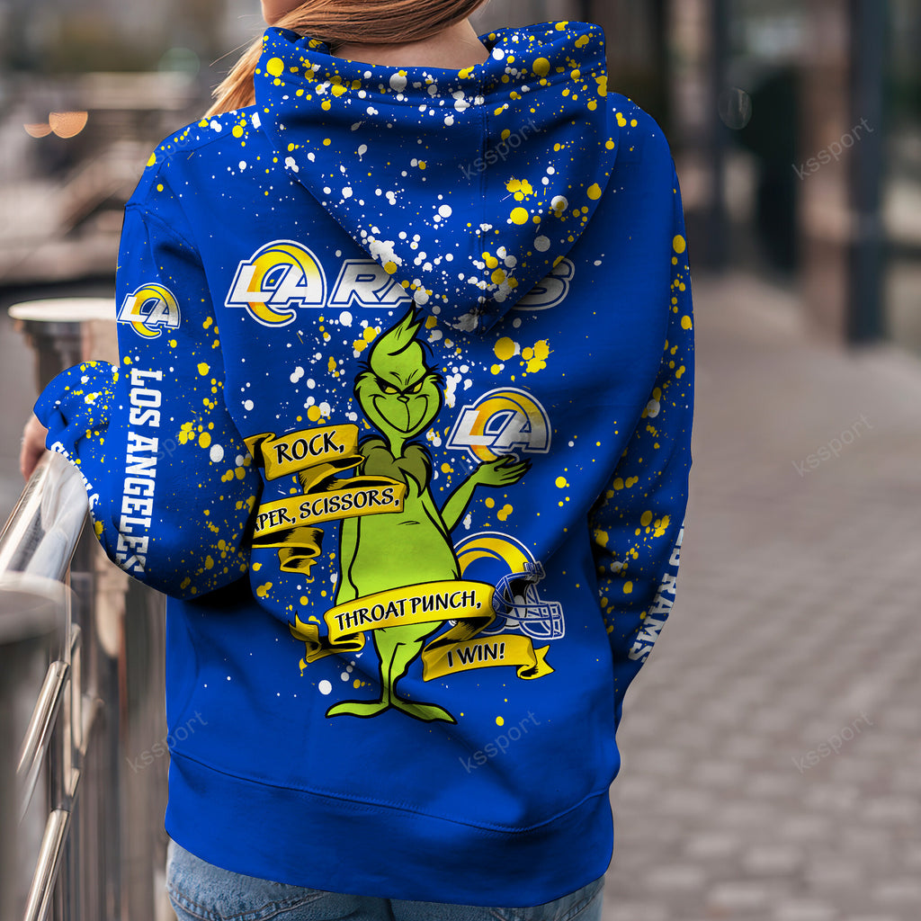 Custom NFL Los Angeles Rams Hoodie Leggings The Grinch Hoodie Rock Paper Scissors Throat Punch I Win