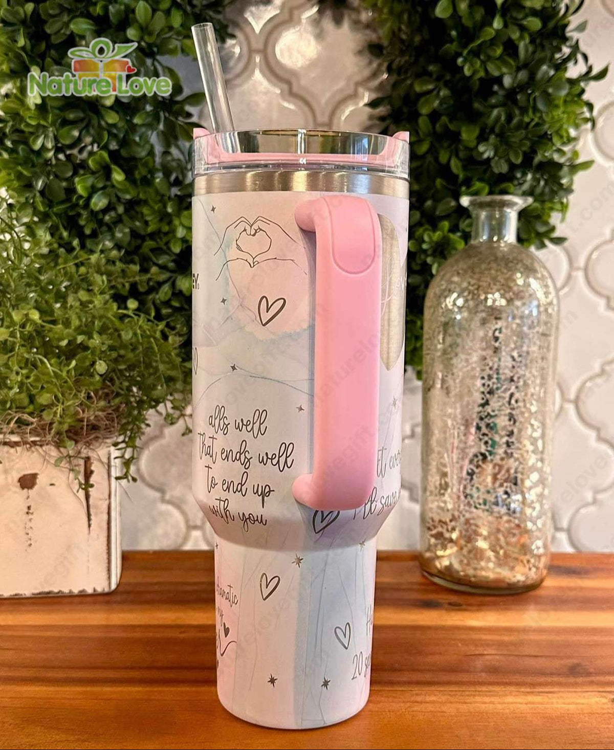 Lover 40oz Pink Stanley Tumbler Engraved with Love Song Valentine Gift