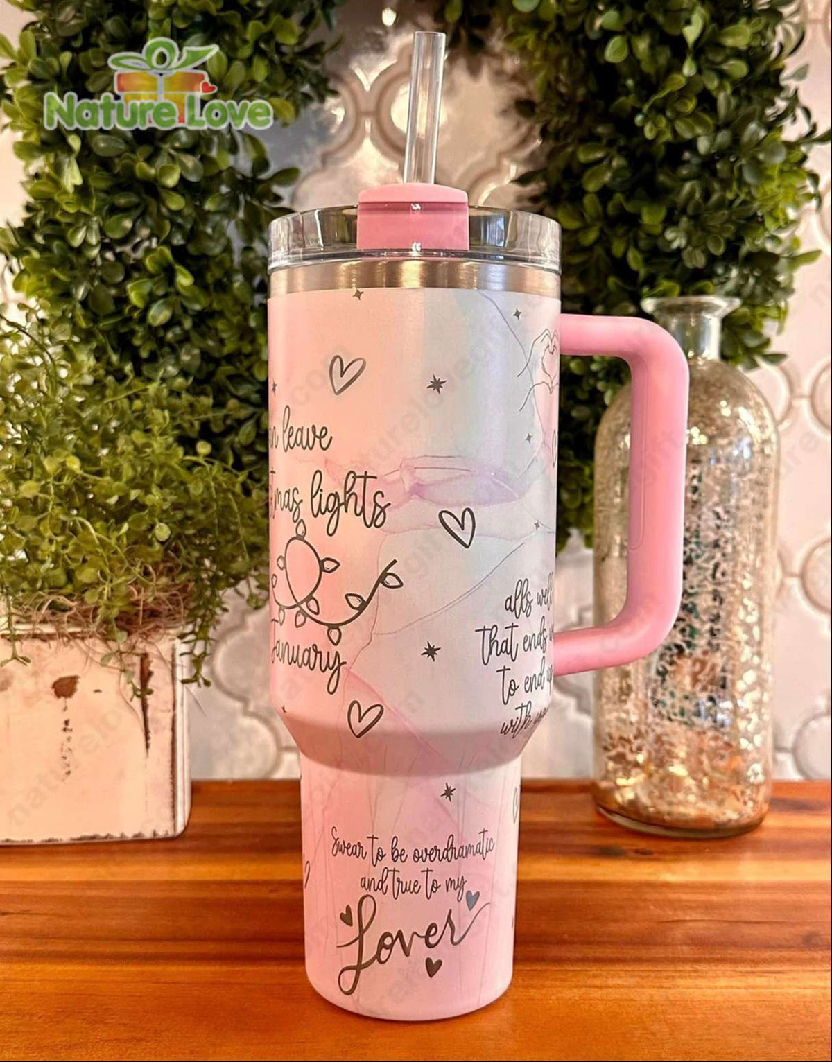 Lover 40oz Pink Stanley Tumbler Engraved with Love Song Valentine Gift