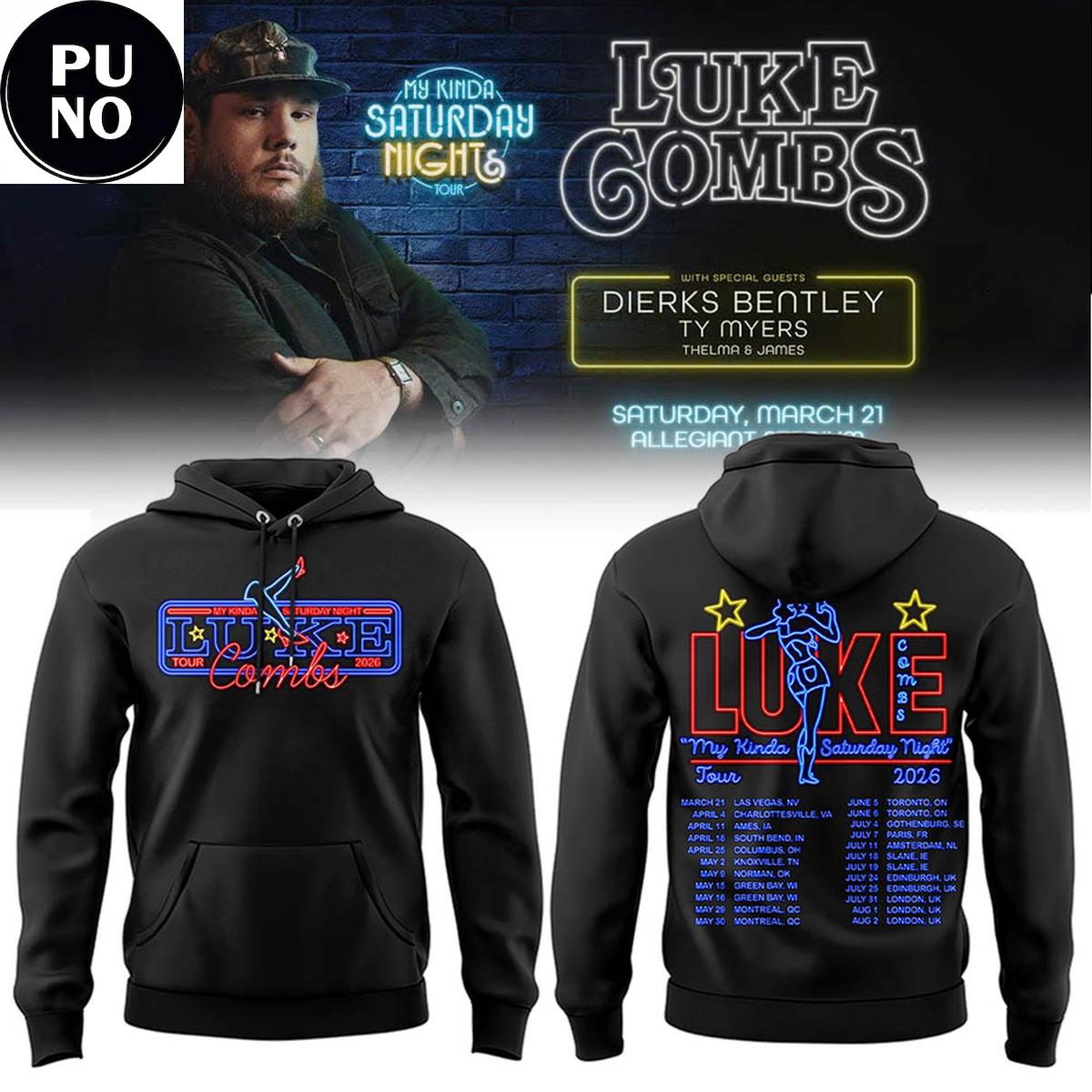 Luke Combs My Kinda Saturday Night Tour 2026 Schedule Neon Hoodie T-Shirt