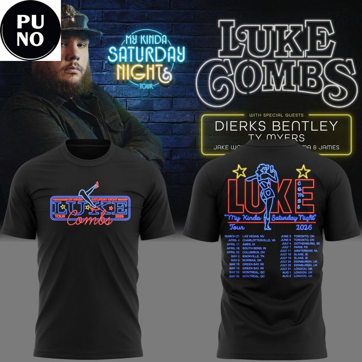 Luke Combs My Kinda Saturday Night Tour 2026 Schedule Neon Hoodie T-Shirt