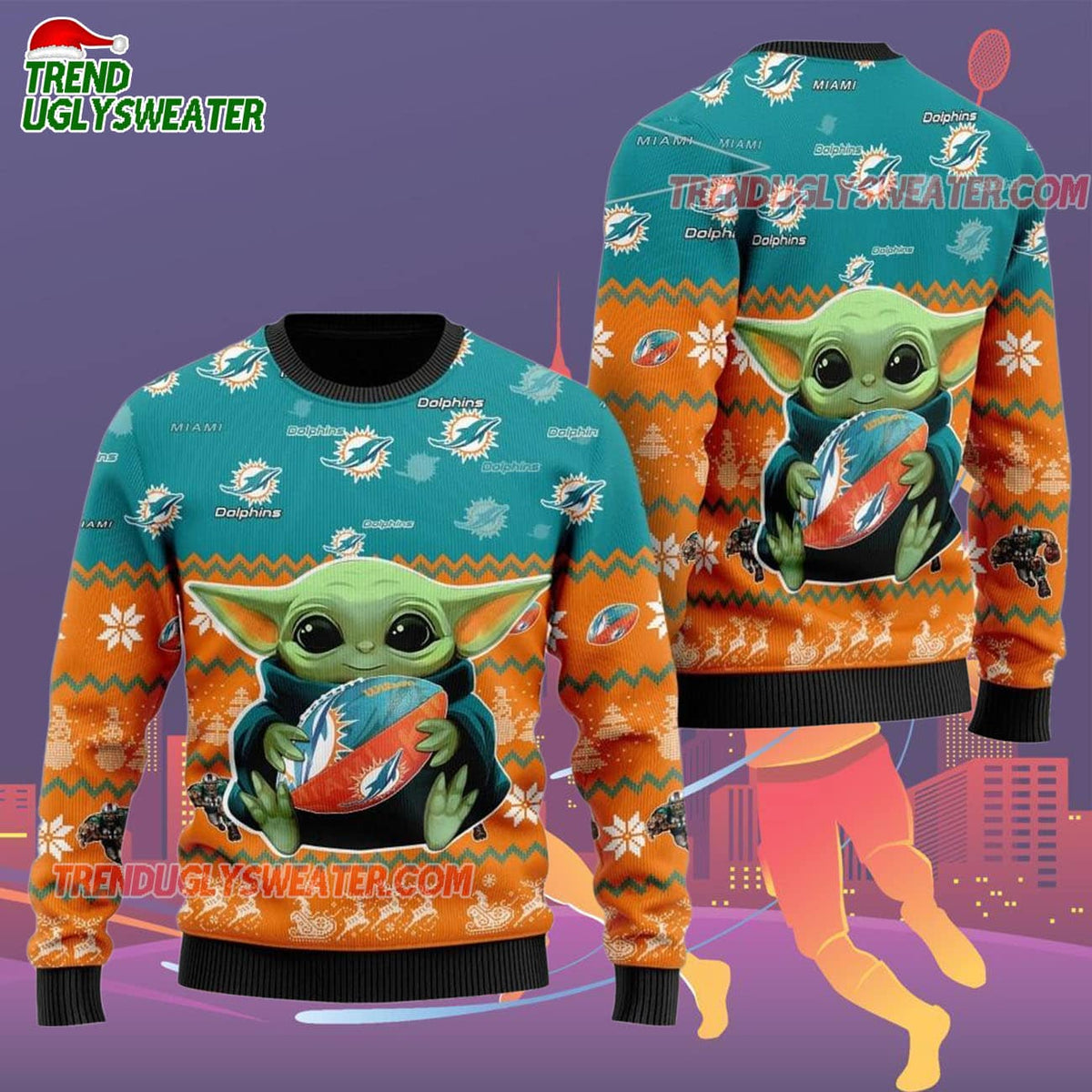 Miami Dolphins Baby Yoda Hug The Ball Christmas Ugly Sweater
