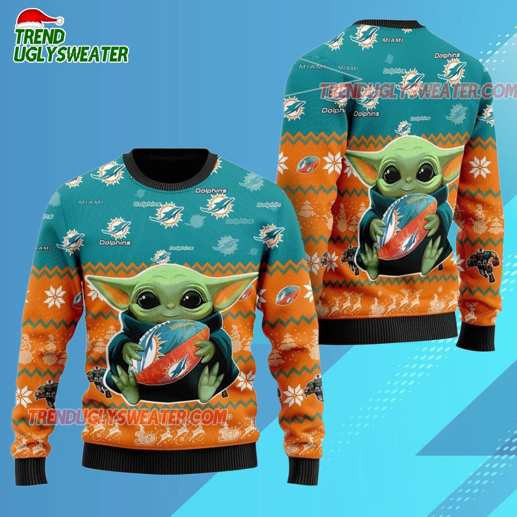 Miami Dolphins Baby Yoda Hug The Ball Christmas Ugly Sweater