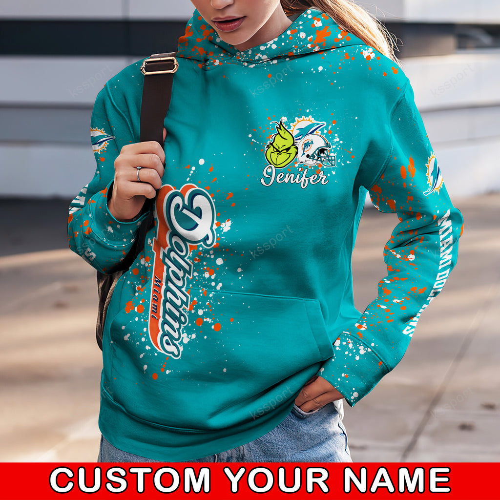 Custom NFL Miami Dolphins Hoodie Leggings The Grinch Hoodie Rock Paper Scissors Throat Punch I Win