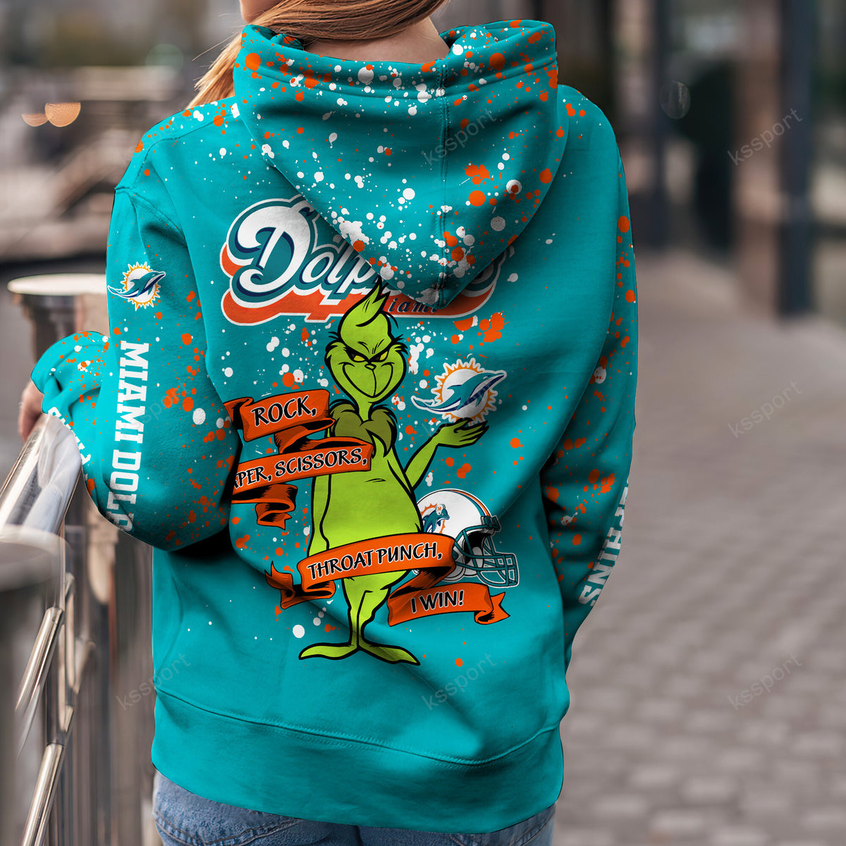 Custom NFL Miami Dolphins Hoodie Leggings The Grinch Hoodie Rock Paper Scissors Throat Punch I Win