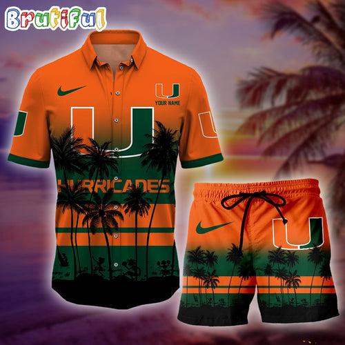 Miami Hurricanes Palm Tree Summer Hawaiian Shirt, NCAA Sport Summer Hawaiian Set, Summer Beach Short