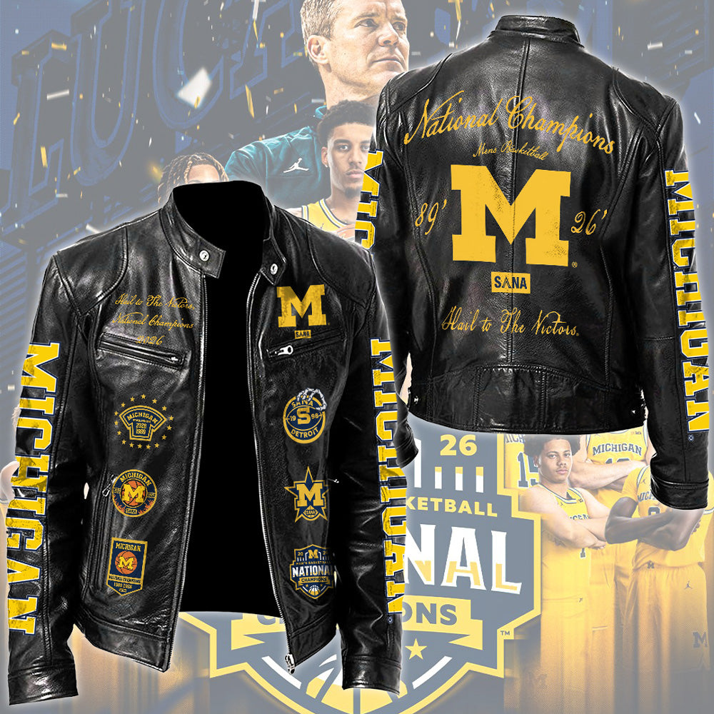 Michigan Wolverines 2026 NCAA Men's Basketball National Champs Motorcycle Leather Jacket – TMTHU5364