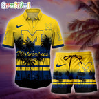 Michigan Wolverines Palm Tree Summer Hawaiian Shirt, NCAA Sport Summer Hawaiian Set, Summer Beach Short