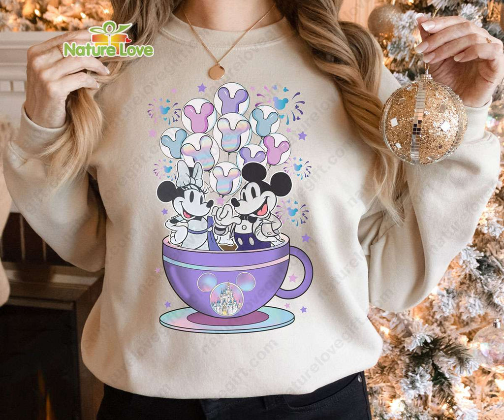Mickey Minnie Disney 100th Anniversary Teacup Balloons Magic Kingdom Sweatshirt