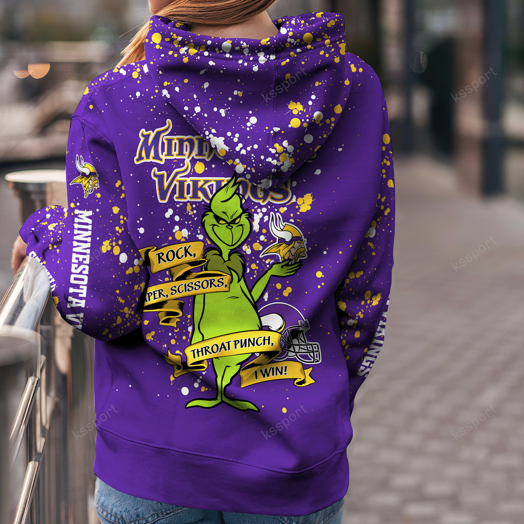 Custom NFL Minnesota Vikings Hoodie Leggings The Grinch Hoodie Rock Paper Scissors Throat Punch I Win