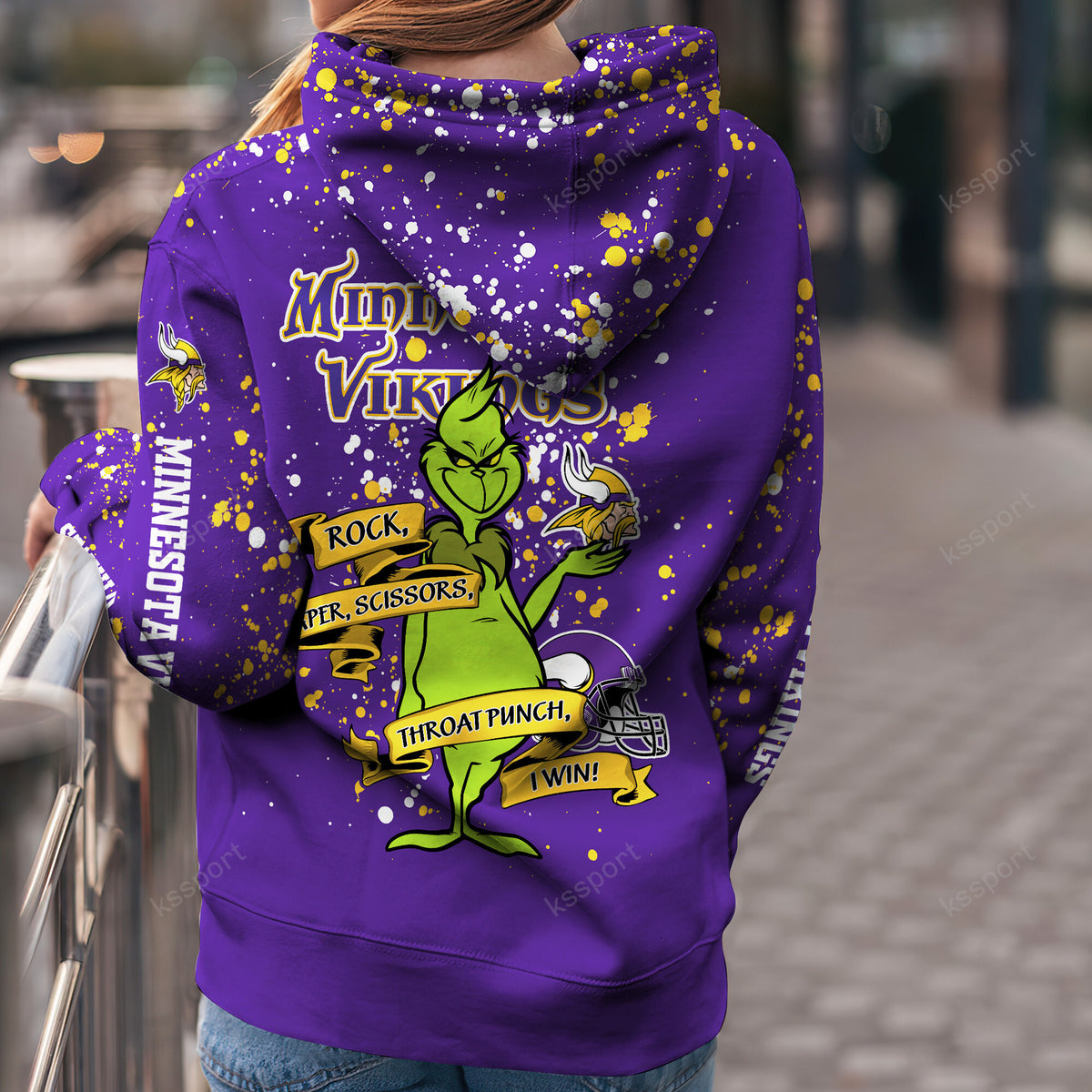 Custom NFL Minnesota Vikings Hoodie Leggings The Grinch Hoodie Rock Paper Scissors Throat Punch I Win