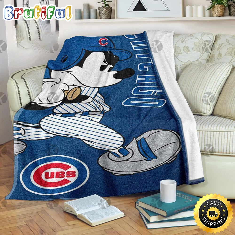 Mickey Mouse Blanket Mickey Mouse Chicago Cubs MLB Team Baseball In Blue Fleece Blanket