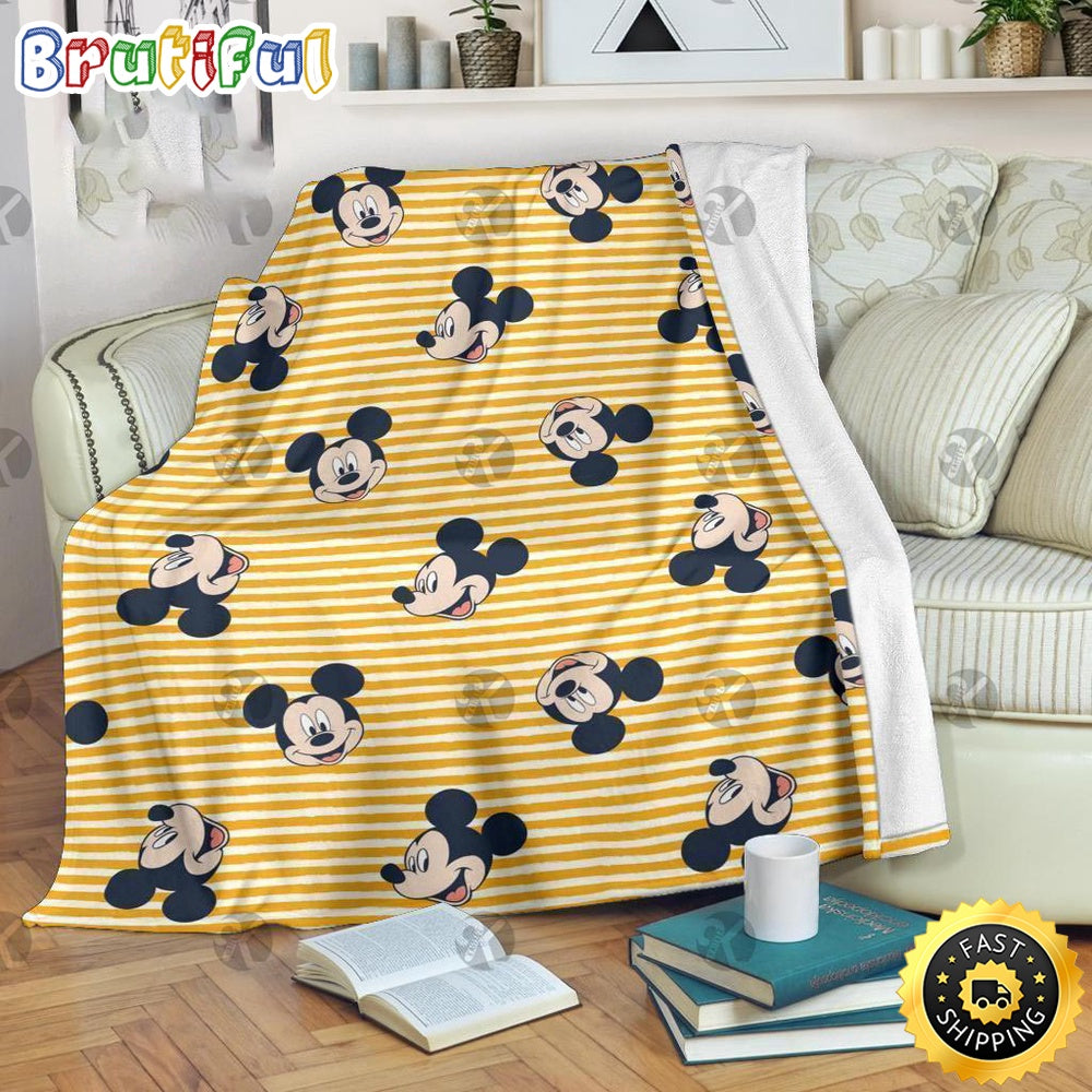 Mickey Mouse Blanket Mickey Mouse Emotional Pattern In Yellow Stripes Background Fleece Blanket