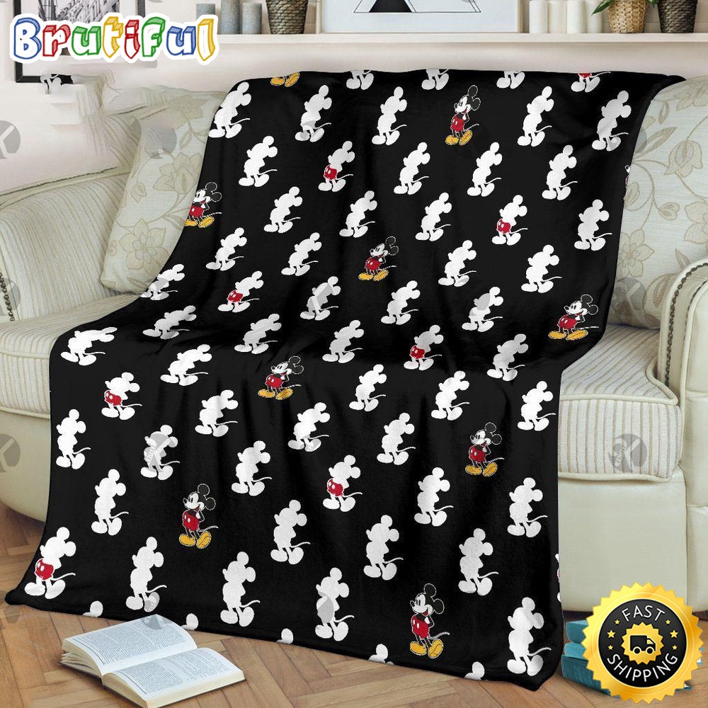 Mickey Mouse Blanket Mickey Mouse Funny Signature Posing Pattern In Black Background Fleece Blanket