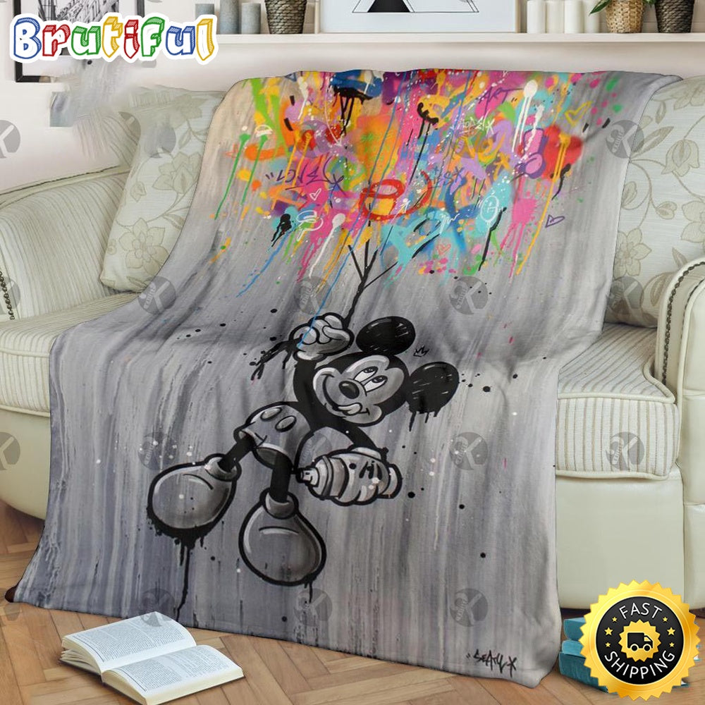 Mickey Mouse Blanket Mickey Mouse In Black And White Holding Colorful Graphic Baloon Fleece Blanket