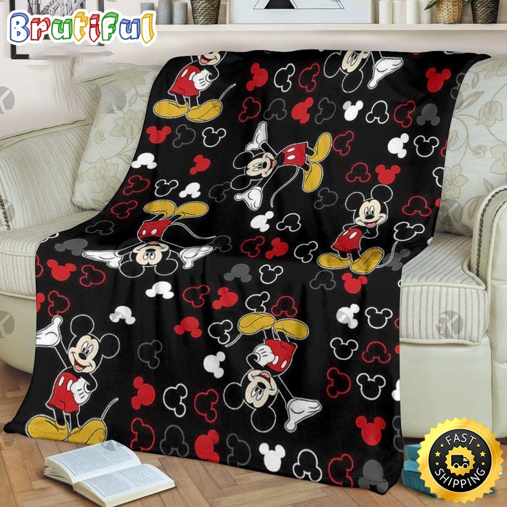 Mickey Mouse Blanket Mickey Mouse Posing Pattern Disney Symbol In Black Background Fleece Blanket