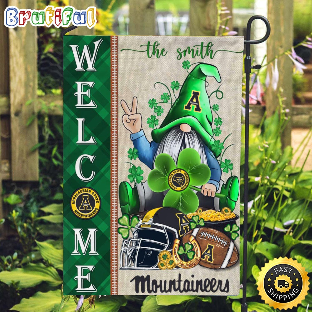 NCAA Appalachian State Mountaineers Garden Flag St Patricks Day Gnome Shamrock Welcome Garden Flag
