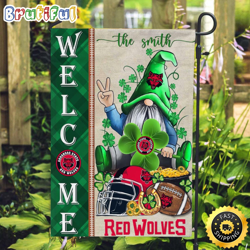 NCAA Arkansas State Red Wolves Garden Flag St Patricks Day Gnome Shamrock Welcome Garden Flag