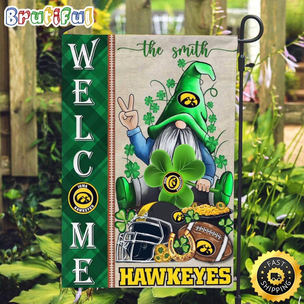 NCAA Iowa Hawkeyes Garden Flag St Patricks Day Gnome Shamrock Welcome Garden Flag