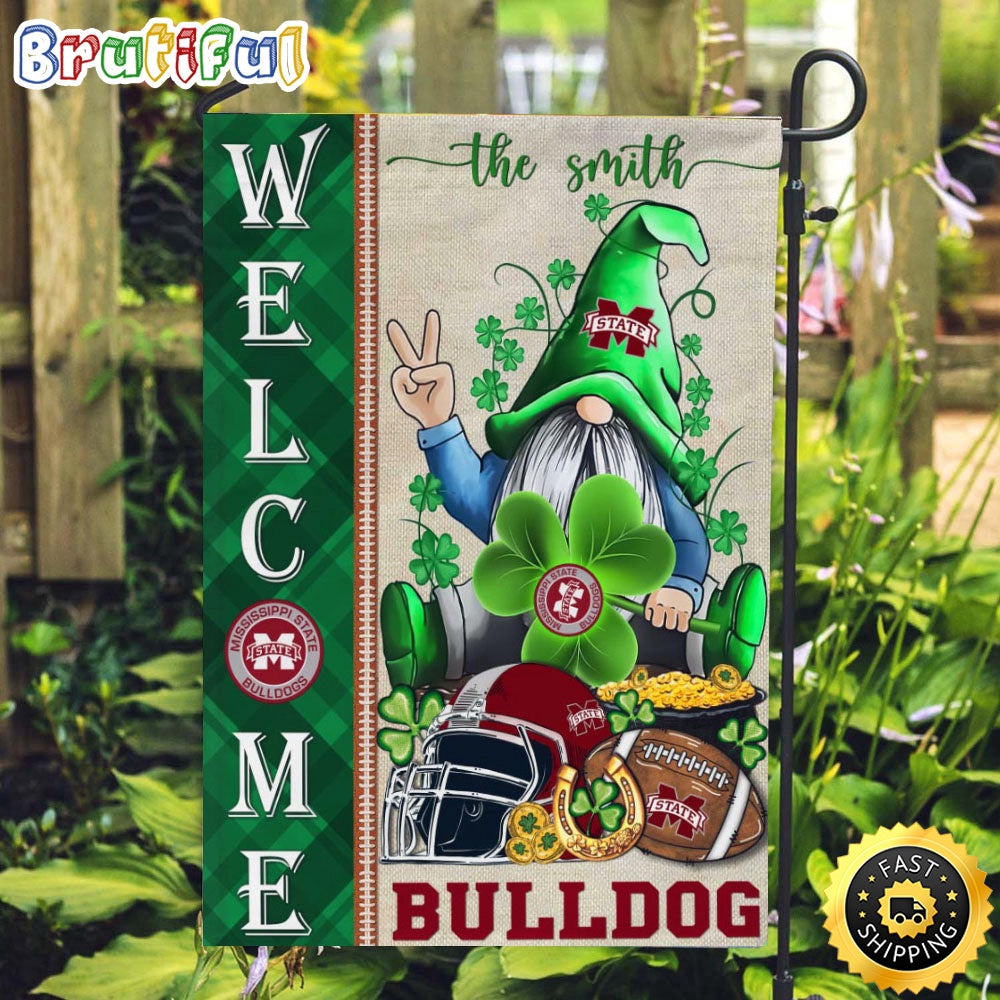 NCAA Mississippi State Bulldogs Garden Flag St Patricks Day Gnome Shamrock Welcome Garden Flag
