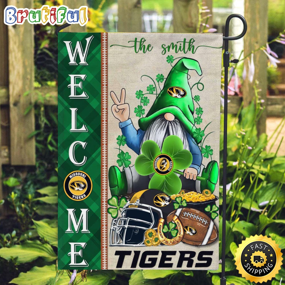 NCAA Missouri Tigers Garden Flag St Patricks Day Gnome Shamrock Welcome Garden Flag