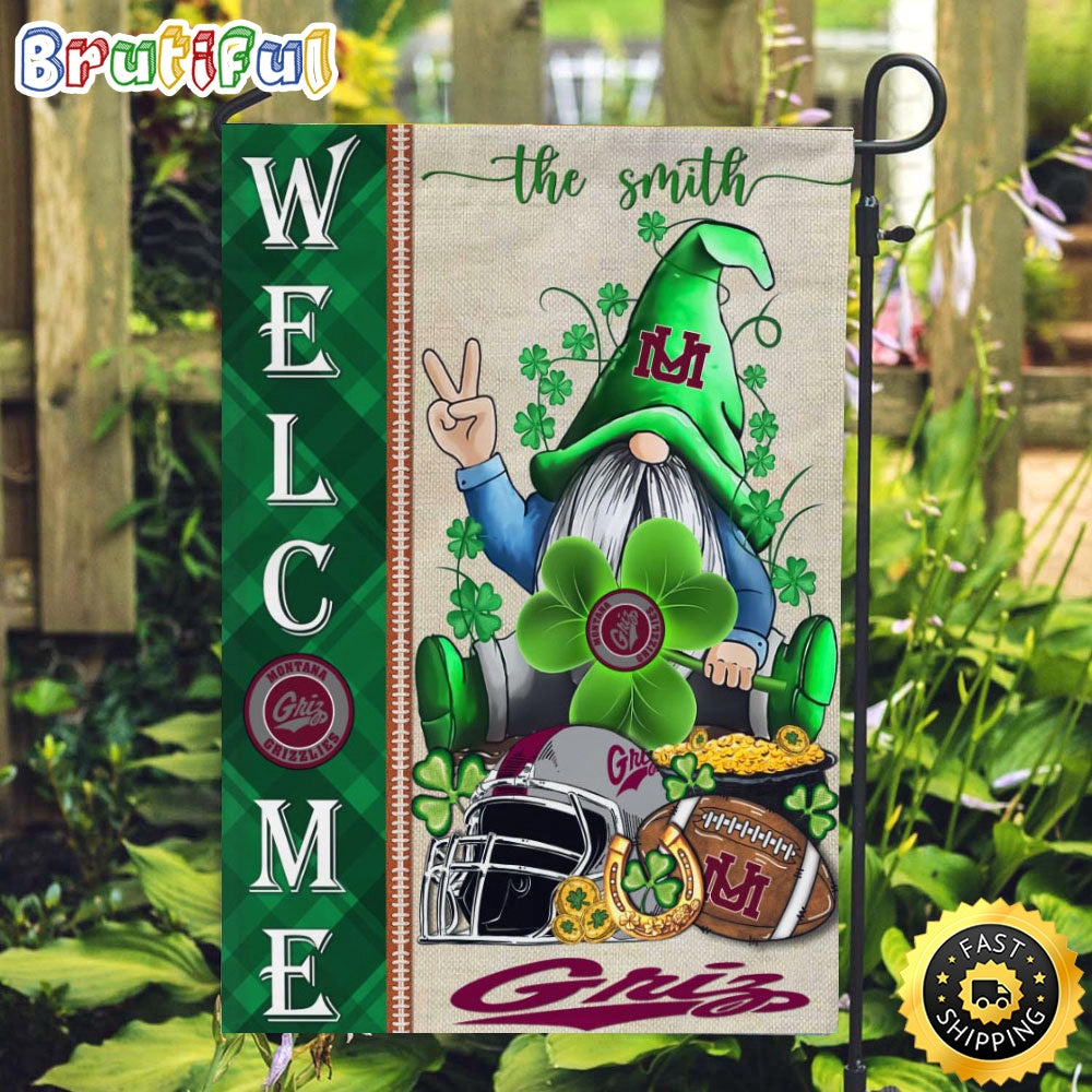 NCAA Montana Grizzlies Garden Flag St Patricks Day Gnome Shamrock Welcome Garden Flag