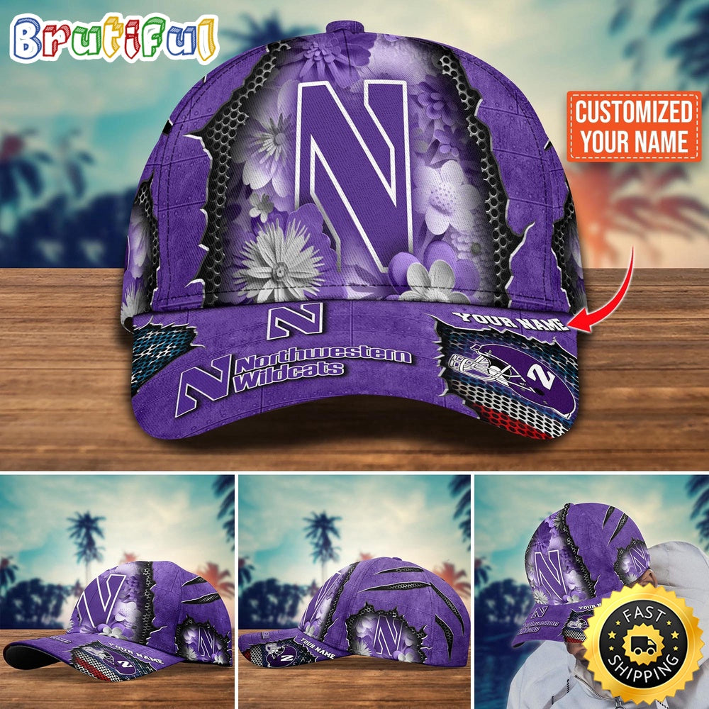 NCAA Northwestern Wildcats Baseball Cap Flag Flower Custom Name Cap
