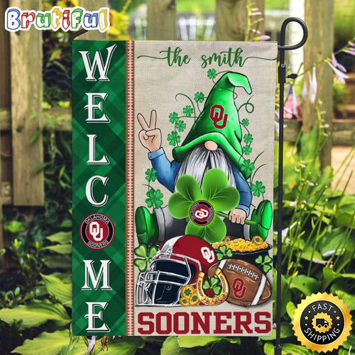 NCAA Oklahoma Sooners Garden Flag St Patricks Day Gnome Shamrock Welcome Garden Flag