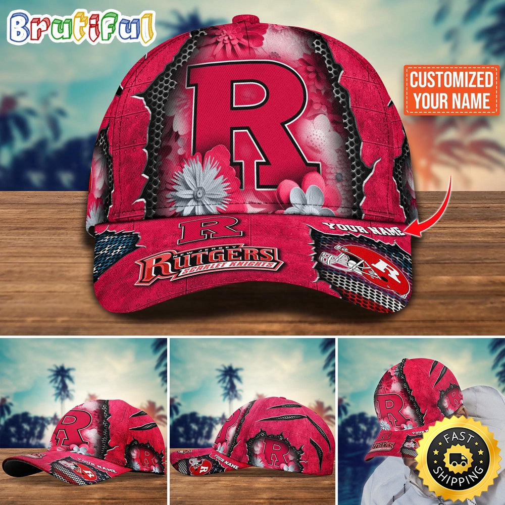 NCAA Rutgers Scarlet Knights Baseball Cap Flag Flower Custom Name Cap