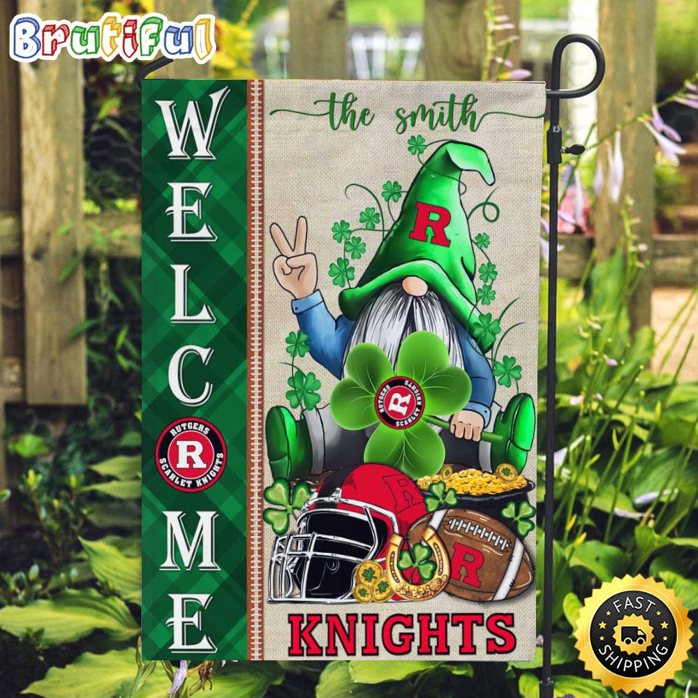 NCAA Rutgers Scarlet Knights Garden Flag St Patricks Day Gnome Shamrock Welcome Garden Flag