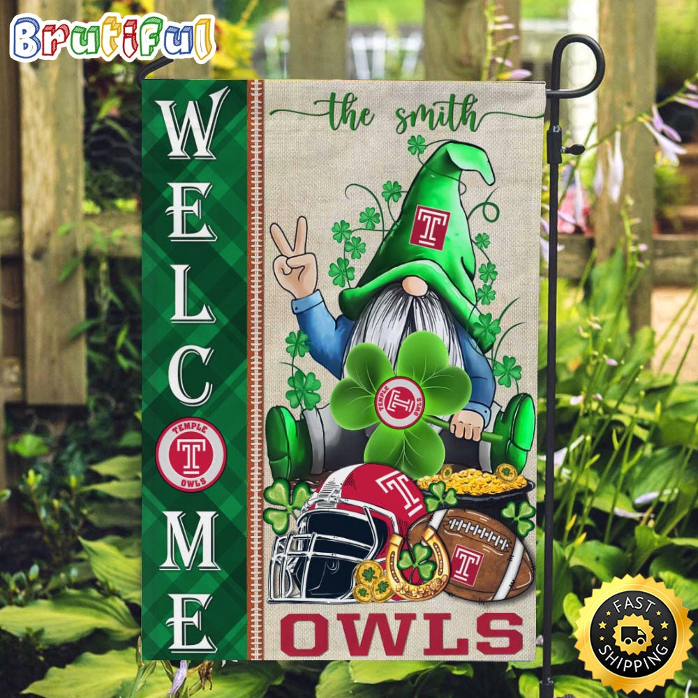 NCAA Temple Owls Garden Flag St Patricks Day Gnome Shamrock Welcome Garden Flag
