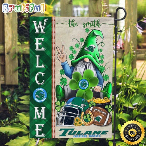 NCAA Tulane Green Wave Garden Flag St Patricks Day Gnome Shamrock Welcome Garden Flag