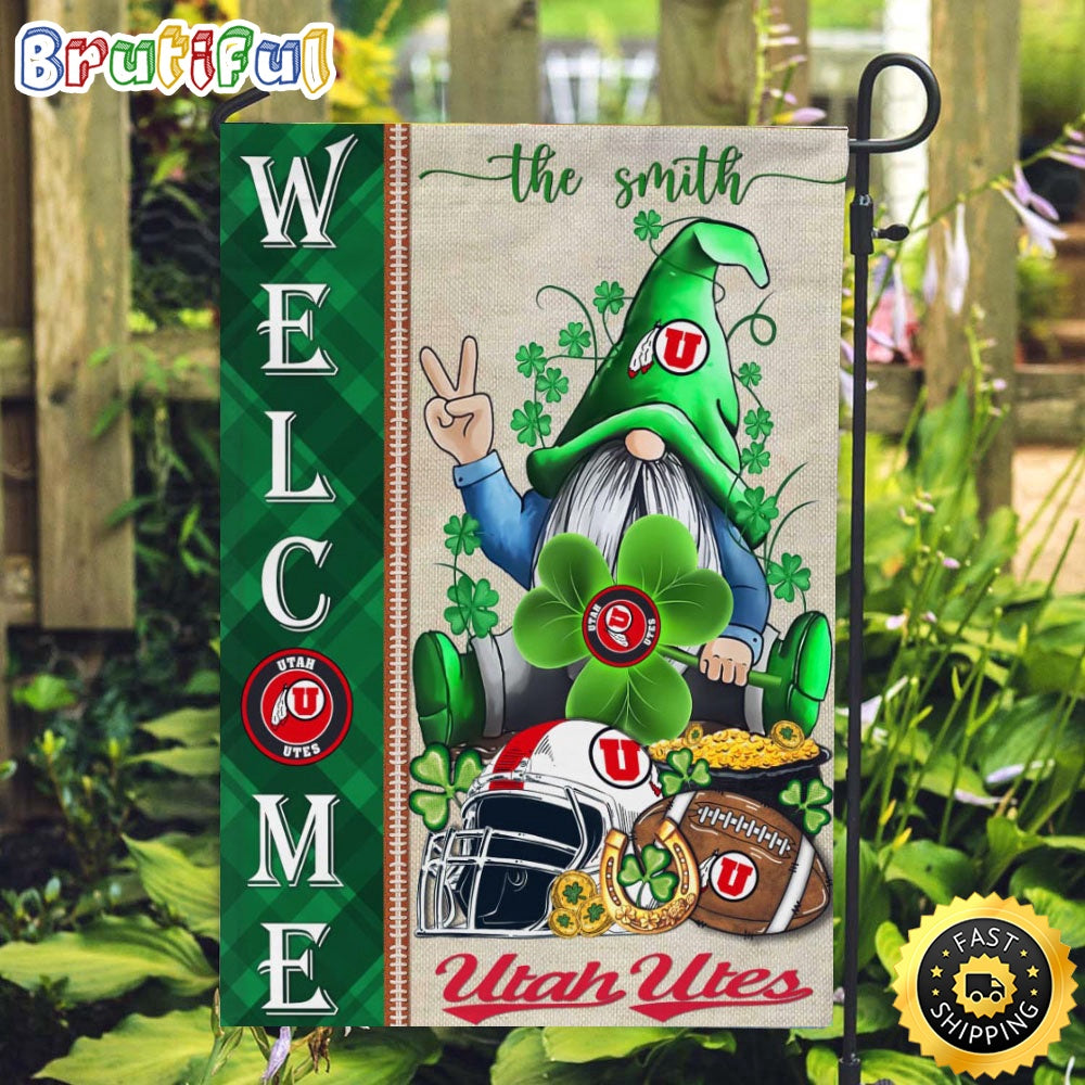 NCAA Utah Utes Garden Flag St Patricks Day Gnome Shamrock Welcome Garden Flag