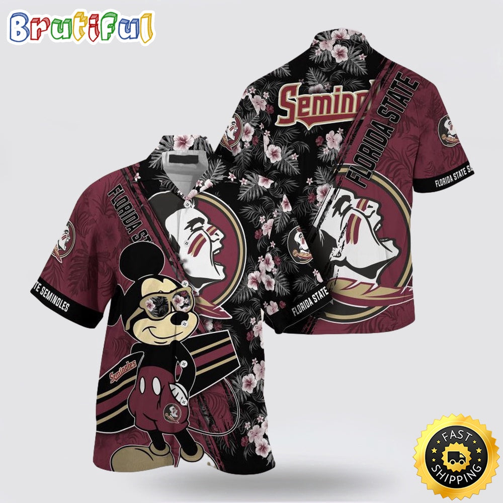 NCAA Florida State Seminoles Hawaiian Shirt Mickey And Floral Pattern