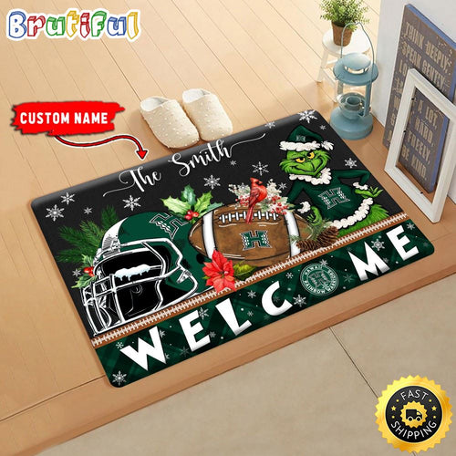 NCAA Hawaii Rainbow Warriors Doormat Grinch Christmas Welcome Custom Name Football Doormat