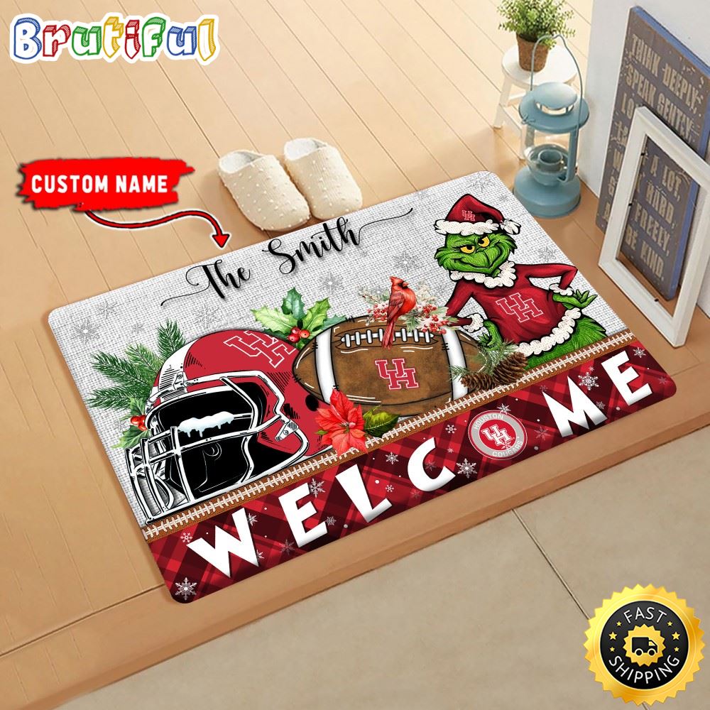 NCAA Houston Cougars Doormat Grinch Christmas Welcome Custom Name Football Doormat